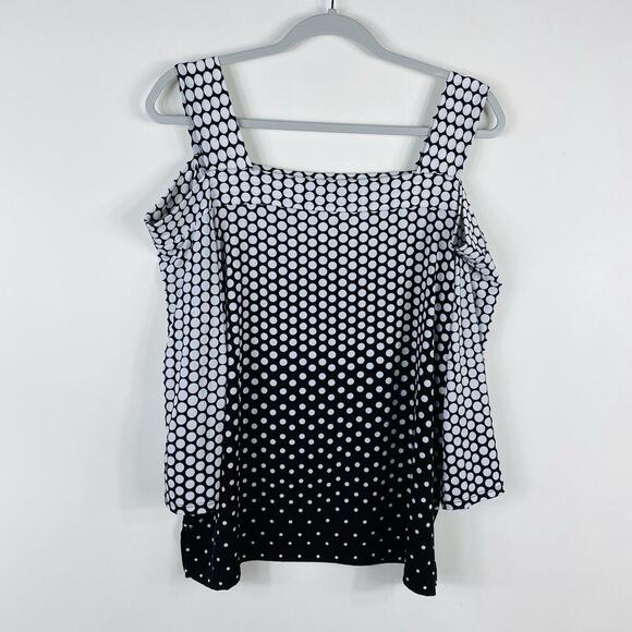 Chico's Size Large 12 2 Polka Dot Cold Shoulder Blouse Top Black White - Picture 2 of 5